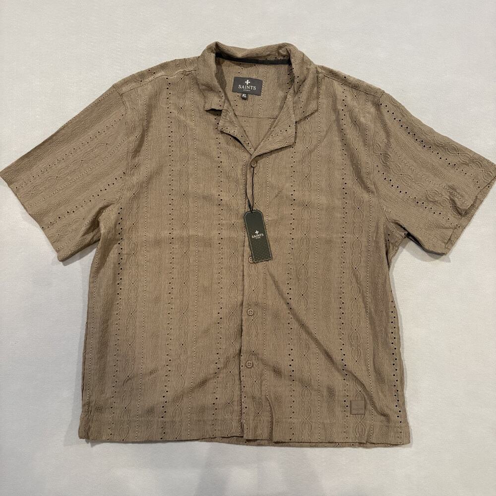 Saints Studio Shirt Mens XL NWT Tan Eyelet Crochet Camp Collar Relaxed Fit Boho